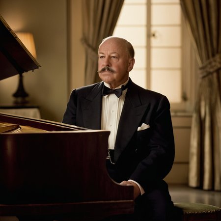 cinematic film still of <lora:detailed:0.2> 
<lora:perfection style:0.2>
<lora:Ron Fricke style:0.1>
 <lora:Inglourious Basterds film style:0.9>
Alfred Hitchcock a man sitting at a piano in a room,solo,1boy,bow,sitting,male focus,bowtie,facial hair,chair,formal,ring,suit,curtains,instrument,mustache,lamp,bald,old,old man,traditional bowtie,piano,tuxedo,grand piano , 1940's, Inglourious Basterds film style, shallow depth of field, vignette, highly detailed, high budget, bokeh, cinemascope, moody, epic, gorgeous, film grain, grainy