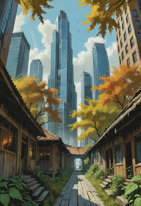 (((With each creak and groan of the ancient planks beneath your feet, you feel the weight of history pressing down upon you. Each house seems to tell its own tale, etched into the weathered wood by countless hands over generations. The air is thick with the scent of spices and incense, mingling with the acrid tang of ozone from the nearby towering skyscrapers. A gentle breeze rustles through the leaves overhead, whispering secrets long forgotten.))), ((Beautiful, brush strokes, digital art, extremely detailed digital illustration, cinematic, vast, epic, incredible perspective, breathtaking, awe-inspiring, intricate design, meticulous detail, concept art))
