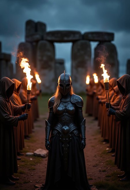 aidmaimageupgrader, they glow at night, a high quality digital image of stonehenge on a dark night, we see a group of figures wearing brown hooded robes standing in a circle hold firey torches, in the center of stonehenge we see a female knight wearing dark anthracite coloured intricate sleek armour with a helmet and face visor, we observe from a long distance with all of stonehenge visible. the knight is facing the viewer and is the focus of the image