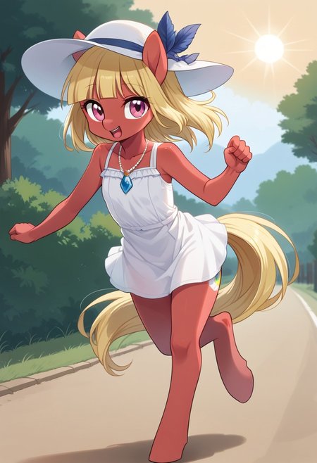 score_9, r0ug3, sun hat, running in a feild, source_pony, ntm,