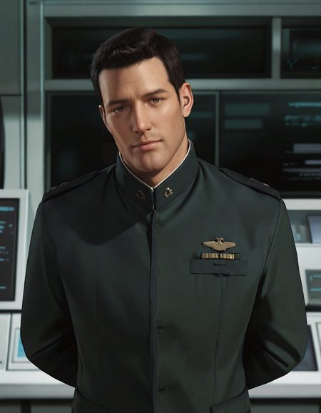 masterpiece, best quality, absurdres, newest, perfect quality, best quality, absolutely eye-catching, detailed background, intricate details, male focus, solo, realistic, <lora:Final Fantasy Spirits Within - Gray Edwards - Illustrious_1-000011:0.7>, g_edwards, 1boy, mature male, black hair, very short hair, brown eyes, stubble, uniform jacket, standing, looking at viewer, head tilt, laboratory, arms behind back, upper body