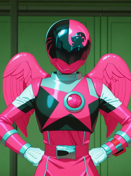 masterpiece, best quality, amazing quality, very aesthetic, absurdres, newest, looking at viewer anime screenshot,  anime coloring,<lora:anime_screencap:1> anime screencap, anime coloring    <lora:WashiPink:1>washipink, helmet, 1girl, solo, visor wings,robot mask gloves, belt, tokusatsu, white gloves, skirt, pink bodysuit upper body, hands on own hips,