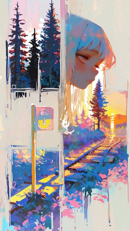masterpiece, newest,absurdres,incredibly absurdres, best quality, amazing quality, very aesthetic, impressionism, painterly, pastel colors, 
1girl, speed limit sign, railroad tracks, pine tree, sunset,
 <lora:Face_Enhancer_Illustrious:1>  <lora:recipe1_v3_Illusv2.0Stable:1> stylized <lora:0__11Xx:0.7> 0__11Xx_illu <lora:bW9tb3dhYWFp-illustriousXL_v01_V1-CAME:1> bW9t