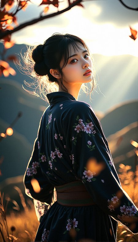 An extreme realism ultra wide shot of a beautiful kunoichi, in an autumnal setting inspired by the Edo period. The scene captures the motion of strong winds, swirling leaves, and the dark clouds looming over a rugged mountainous landscape, all reflected in her intense amber eyes.Wearing  lightweight kimono-inspired outfit with a short hem and fitted sleeves, allowing for freedom of movement. The fabric is dark with subtle floral patterns, tied with an obi, and paired with tabi boots.

