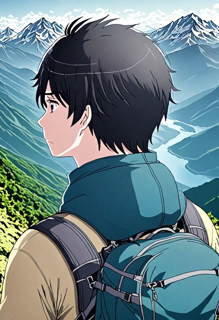 high resolution, solo, best quality, 1Boy, Inaho Kaizuka, Black Hair, landscape, upper body, look at the view behind, upper body, high mountain, hiking gear, OverallDetail