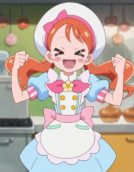 score_9, score_8_up, score_7_up, anime screencap, solo,1girl,usamiichika,   >_<,xd,hat, pink bow, apron, white headwear, blue dress, puffy sleeves, beret, open mouth,closed eyes, smile,   blush stickers,  looking at viewer,cowboy shot,small breasts,blush<lora:usamiichika:0.8>