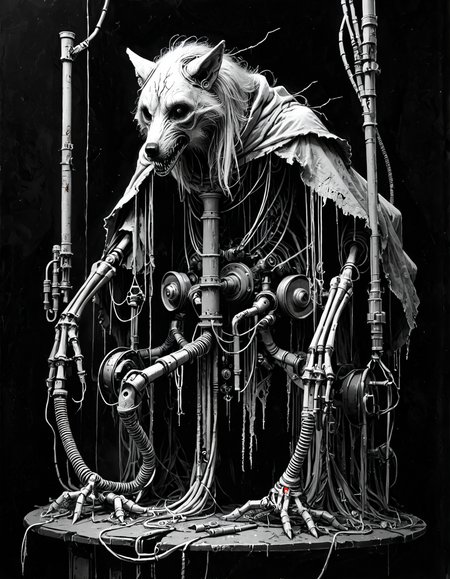 score_9, score_8_up, score_7_up, mm-style, monochrome, black background, (cultist wearing a wolf mask ), mechanical arms,pipes and wires, wearing tattered robes and hood, horror, dark fantasy, full body, <lora:Monochrome_Monsters_Pony:0.8>