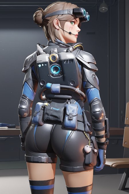 score_9, score_8_up, score_7_up, score_6_up, BREAK, AliasDeepDCODXL, scar on cheek, green eyes, brown hair, short hair, parted bangs, single hair bun, headset, googles on head, medium breasts, black armor, shoulder pads, blue bodysuit, black bodysuit, multicolored bodysuit, skull print, blue gloves, black belt, black shorts, black thighhighs, solo, standing, from behind, ass focus, big ass, ass, surprised, looking at viewer, indoors <lora:AliasDeepDCODXL:0.9>