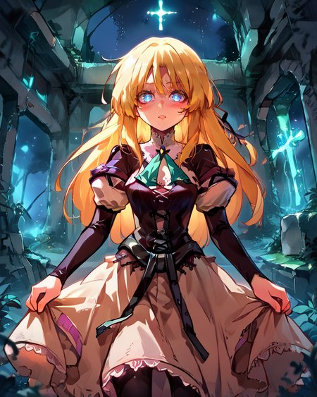 (score_9, score_8_up, score_7_up), source anime, indoors, forest, night, ruins, (night), stars, cosmos, <lora:backgroundsetXL:0.2> , background, woman ruins standing, <lora:Expressive_H:0.8> , expressiveh, female focus, blush, looking at viewer, <lora:HandFixer_pdxl_Incrs_v1:0.45> , handfixer, depth of field, highly detailed,(cowboy shot),  <lora:StS_detail_slider_v1PonyXL:2>, detailed, clutter,   <lora:NLSTN:0.6> , NLSTN, dark, glowing,  <lora:Manhwa-Artstyle__PonyXL__Shufflebox:0.65> , Manhwa-Artstyle, anime_source,   <lora:Yggdra:0.8> , yggdef, 1girl, blonde hair, long hair, blue eyes, hair ribbon, ascot, juliet sleeves, black sleeves, dress, cross-laced clothes, cross-laced dress, lace-trimmed dress, lace trim, corset, black pantyhose,