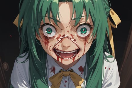 score_9, score_8_up, score_7_up, 1girl, solo, shi, green hair, long hair, green eyes, hair ribbon, blood on face, insanity-angle, letterboxed, crazy eyes  <lora:Shion renew :1> <lora:insanity-angle:1>
