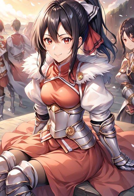 score_9, score_8_up, score_7_up, detailed, intricate details, chromatic aberration, realistic, veins source_anime, kuroinukaguya, , (best quality) , (highly detailed) ,((masterpiece)), ((best quality)), (ultra-detailed), ((extremely detailed)), (high resolution), 4K, (8K), best quality, (beautiful), (dynamic lighting), (super detailed skin), sharp focus, (1_girl, solo focus), score_9,score_8_up,score_7_up,anime coloring BREAK source_anime,anime, theresia (hortensia saga), Windy, Wind, Hair billowing in the Wind long hair, hair between eyes, black hair, red eyes, sidelocks,  , ponytail, hair ribbon, white ribbon, cuirras, armored boots, puffy sleeves, pantyhose, red capelet, fur collar, gauntlets, greaves, armored dress, turtleneck, , red skirt
Sitting, smiling, happy, grinning 
Face Focus, Upper Body detailed eyes、detailed face and detailed skin <lora:add-detail-xl:1.0>
Artist Style: Urushihara Satoshi