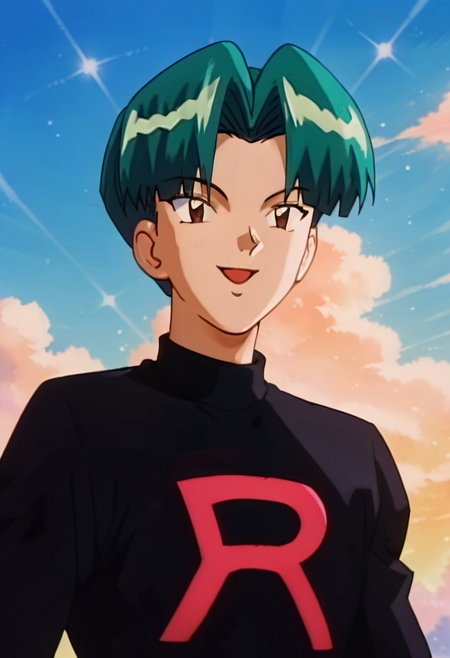uncensored, score_9__up, score_9, score_8_up, score_8, score_7_up, score_7, score_6_up, score_6, score_5_up, source_anime, anime screencap, retro artsyle, 1990s (style),
PKMNButch, 1boy, Green Hair, brown eyes, short hair, bangs, team rocket, black shirt, 
smile, face foucs, upper body
outdoor, sky,
