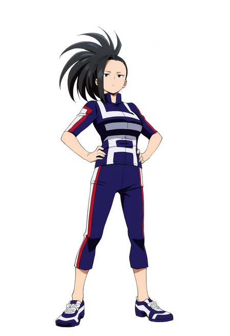 masterpiece, best quality, very aesthetic, absurdres,
yaoyorozumomo, 1girl, black eyes, black hair, ponytail, long hair, hair pulled back,
short sleeves, training outfit, blue pants,
hands on hips, full body, standing, solo, looking at viewer, simple background , white background,  <lora:MomoYaoyorozuNoobXL_byKonan:1>