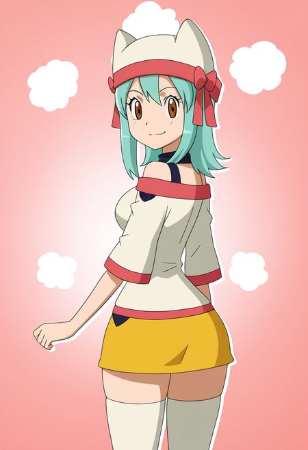 masterpiece, best quality, solo, curvy, beautiful eyes, large breasts, aged up, narrow waist, wide hips, 1girl, solo, smile, looking at viewer,    zzYumei, brown eyes, aqua hair,  animal ear headwear, white shirt, bare shoulders, yellow miniskirt, white thighhighs, zettai ryouiki  <lora:YumeiByKurumiErika_IXL:1.0>,  over the shoulder, cowboy shot, smirk, looking back,  looking at viewer,