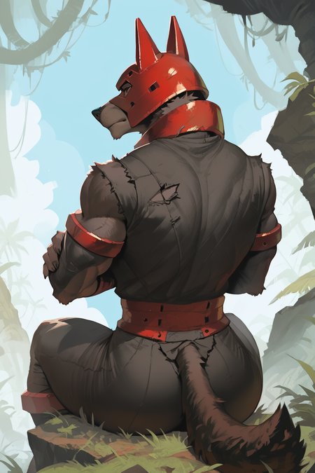 1girl,solo,(anthro,furry,dobberman,canine, canid, snout:1.3),dog tail,black jacket,torn sleeves,sitting,arms crossed,(facing away:1.4), RedJug,red outfit,red helmet,muscular,large breasts,green leaves,grass, jungle, foliage, rock, blue sky, black nose,brown fur,forest, score_9,score_8_up,score_8_up,score_7_up,source_anime,source_furry, <lora:PonyQualityV1.3:0.8>, <lora:Expressive_H:0.65>,Expressiveh, <lora:incase---1:0.5>, <lora:g0th1cPXL:0.2>,g0thic, <lora:Bonifasco_PonyXL_v1:0.6>, <lora:cutesexyronutts_style_xl:0.8>,csr style, <lora:NoctFlatStyleV2:0.2>, <lora:Juggernaut:0.85>,
