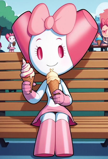 score_9, score_8_up, score_7_up, score_6_up, score_5_up, score_4_up, RobotGirlBase, solo, solo focus, female focus, 1girl, robot, robot girl, sitting, full body, outdoors, park, pink eyes, pink skirt, pink bow, smile, looking at viewer, sitting on bench, bench, holding ice cream cone, ice cream cone, holding, strawberry ice cream, v,
