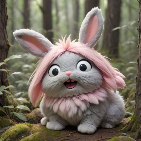 source_anime, Cute wonderful creatures, Microphotography, chibi, cute  fluffy rabbits ,pink and grey, in a dreamy forest, ispzxll, In a felt puppet world style,