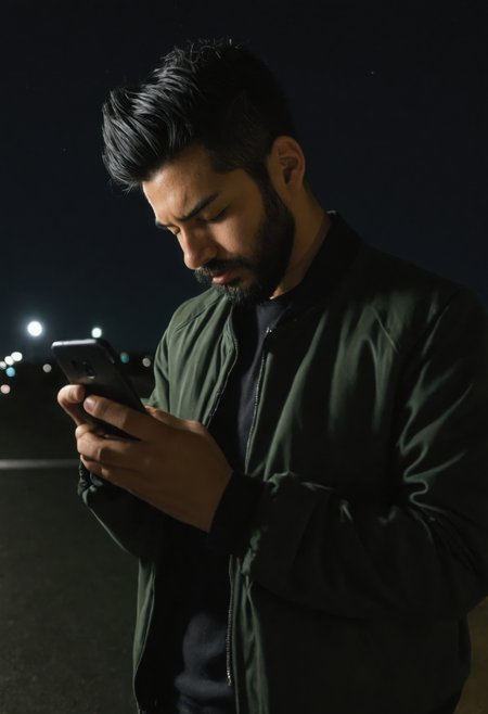 nighttime, 1boy, facial hair, male focus, beard, solo, jacket, phone, black hair, closed eyes, holding phone, <lora:sdxl_nighttime:1>