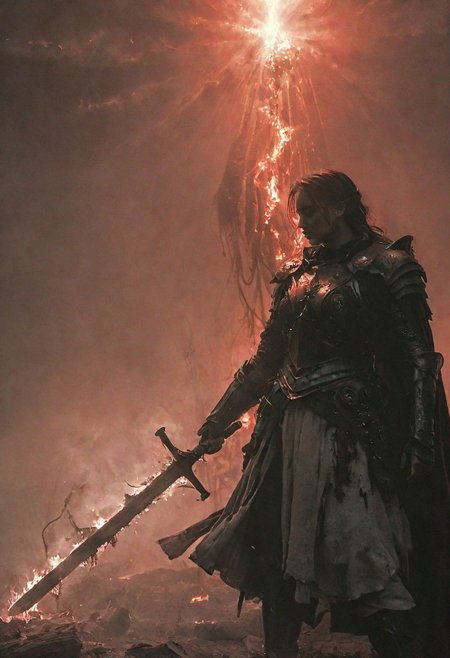 dark n-eeyblch, Create a vivid description of a close-up photo capturing the essence of tentacles from the 1860s, a desolate Templar Soul knightess amidst ruins, holding a sword, adorned in weathered, rusty armor and draped with a tattered white linen cape embellished with a bold red Templar cross. Let the scene evoke the passage of time, the weight of history, and the resilience of the warrior spirit. atmospheric haze, Film grain, cinematic film still, highly detailed, high budget, cinemascope, moody, epic, OverallDetail, gorgeous, 2000s vintage RAW photo, photorealistic, candid camera, color graded cinematic, eye catchlights, atmospheric lighting, skin pores, imperfections, natural, shallow dof