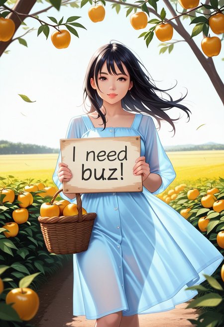 masterpiece, absurdres, realistic, 1girl, light blue dress, see-through silhouette, black hair, harvesting apples from trees in an orchard, a basket full of harvested apples placed near her, wind, vibrant colors, need_buzz, holding sign