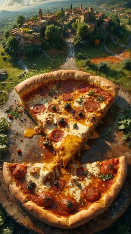 View from the fisheye lens: You're tiptoeing along the edge of a giant pizza slice, with gooey cheese and toppings spread out beneath you like a surreal Italian countryside. extreme fish eye view, 
absurdres, ultra realistic, professional lightning
many details, extreme detailed, full of details,
Wide range of colors., Dramatic,Dynamic,Cinematic,Sharp details
Insane quality. Insane resolution. Insane details. Masterpiece. 32k resolution.
 <lora:MJ52:0.2>
 <lora:add-detail-xl:0.8> <lora:xl_more_art-full_v1:0.7>
 <lora:ral-cltc:0.2> ral-cltc <lora:ral-mtclniscp-sdxl:0.2> ral-mtclniscp <lora:SDXLFaeTastic2400:0.3>