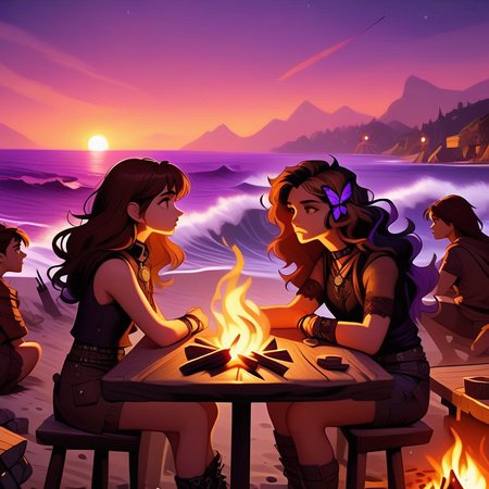 bddstyle, dinosaur, looking afar, two-tone hair, day, purple flower, brown hair, see-through, demon horns, campfire, waves, table, bracelet, medal, wavy hair, brown coat, 1other, sunrise, arrow (projectile), gothic, denim shorts, brown skirt, shorts, butterfly hair ornament, tank, wizard, holding knife