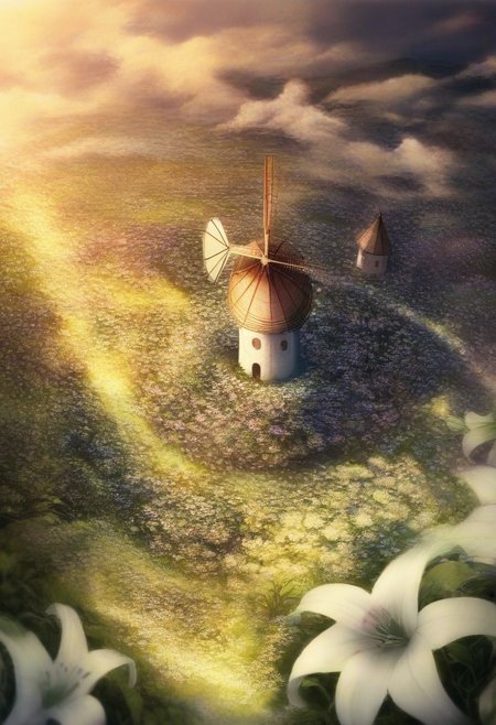 detailed background, from above,( Calm spring morning landscape), beautiful view, Flower Field, lily flower in full bloom, lily flower, early morning, sunrise sky, beautiful clouds, dappled sunlight, 
I can see a windmill in the distance, 
depth of field, masterpiece, best quality, ultra-detailed, very aesthetic, illustration, perfect composition, intricate details, absurdres, moody lighting, wisps of light, no humans,