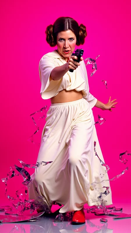 <lora:Carrie_Fisher_Flux:1.2> A dynamic, high-energy scene captures Carrie Fisher as Princess Leia Organa holding a blaster from starwars pointed at viewer in a fierce pose, mid-action as she bursts through a shattered glass surface, shards flying in all directions. Perfect hands. The background is a solid, vivid HotPink, creating a stark, intense contrast with the sharp, reflective fragments of glass. She's a young woman with fair skin and brown hair styled in two large, round buns, dressed in her iconic white, floor-length gown, which features a high neck and long, flowing sleeves.   Her body is marked with small cuts from the glass, droplets of blood glistening under the light. Her expression is one of pure fury, his eyes locked onto the viewer as if they are the target of her rage. Her pose is explosive, one leg extended forward as if sheâs leaping through the air, his arms raised defensively or ready to strike. The glass shards around him are frozen in mid-air, their jagged edges catching the light and creating a chaotic, almost surreal effect. The HotPink background amplifies the intensity of the moment, evoking a sense of danger and raw emotion. The atmosphere is charged with adrenaline, the aftermath of his violent breakthrough palpable in every detail. The image feels as if itâs happening directly in front of the viewer, Carrie Fisher as Princess Leia Organaâs momentum and the flying glass creating a sense of immediacy and immersion. Itâs a moment of chaos and power, a snapshot of rage and determination frozen in time. The combination of the HotPink backdrop, the sharp glass, and Carrie Fisher as Princess Leia Organaâs fierce expression makes for a visually striking and emotionally charged composition. She goes forward, driven by duty and the promise of glory.