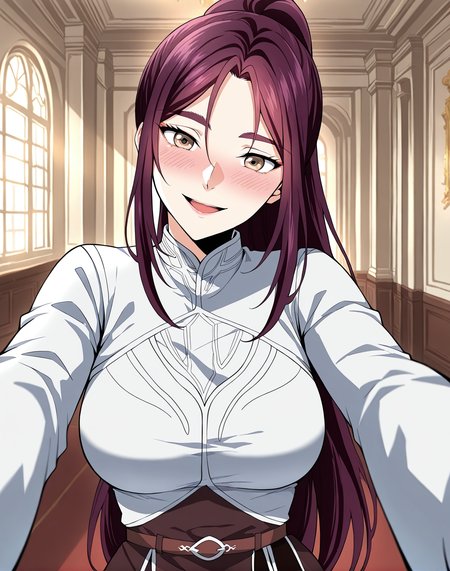 <lora:Vanesy_Glory__The_Beginning_After_the_End__Illustrious:1>
1 girl, solo, brown eyes, purple hair, long hair, ponytail, sidelocks, thick eyebrows, 
uniform, white shirt, long sleeves, belt, boots, ring
score_9, score_8_up, score_7_up, score_6_up, source_anime, rating_explicit, 1girl, solo, smile, embarrassed, alcalose eyes, open mouth, mansion, indoors, looking at viewer, outstretched arms, pov, close-up, (head tilt:1.2)