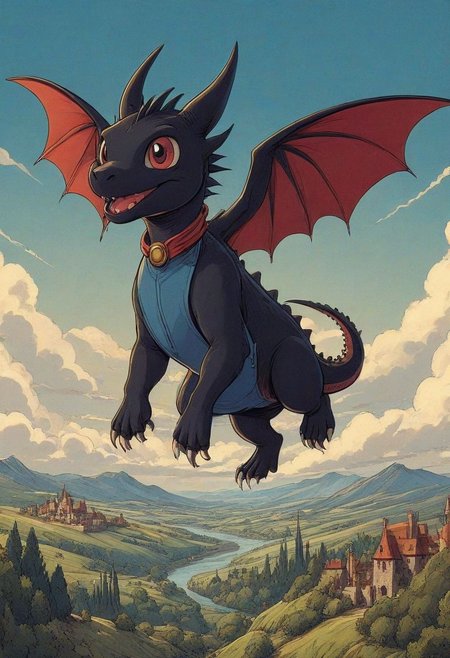 Cartoon of cute ((black):1.5) dragon, ((flying in the sky):2), playful, quirky, ((loose overalls)), (blue overalls), short torso, spread wings, dark red wing membrane, pointy wing tips, fully visible wings, 1940's cartoon, vintage cartoon, beautiful, detailed, medieval England background,