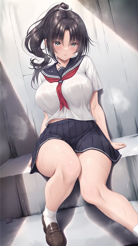 amazing quality,absurdres,best quality,masterpiece,highres,newest,detailed,detailed body,detailed face,masterpiece,best quality,solo,
500mlheya,1girl,solo,school uniform,serafuku,ponytail,green eyes,breasts,short sleeves,black hair,red neckerchief,sailor collar,shirt,long hair,white socks,loafers,<lora:500mlheya:1>,