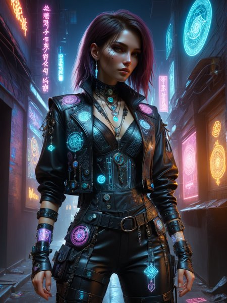 woman, cyberpunk, streetmage, vest with ornaments, leather pants, scrap with magic pattern,  hologram, neon light, cyberpunk alley at night <lora:Cyberpunk_Techno-Mages_SDXL:0.8>, (masterpiece:1.2), best quality