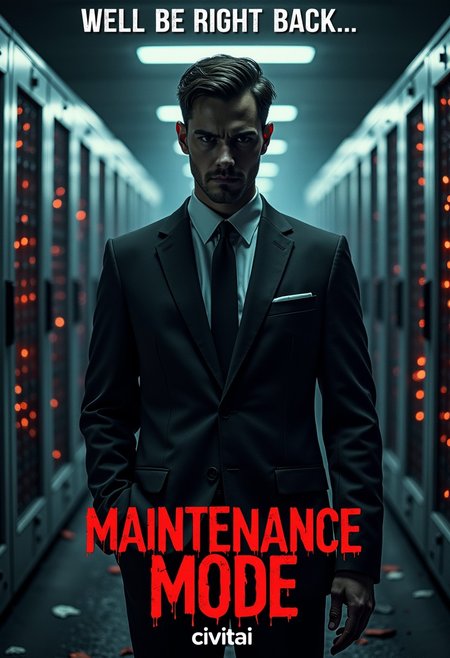 suspenseful horror movie poster, a realistic secret agent in a suit, server room melting in background, creepy title card with the text "Maintenance Mode", watermark at the bottom with the text "civitai.com", tag line at the top with the text "We'll be right back..."