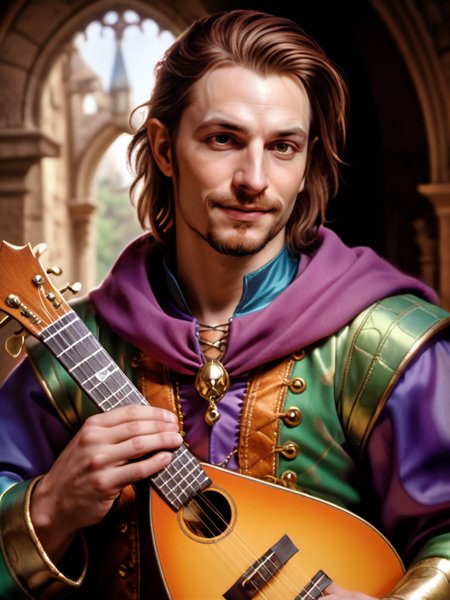 bgport style, realistic, photo, detailed pastel oil painting illustration, close up focus, light leak, reflections,
human male bard wearing jester outfit and holding a lute
 <lora:bgportrait4:.5>
