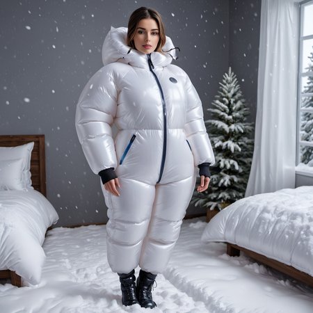 one cute american women wearing a large inflatable rubber downsuit puffer_downsuit , hyperdetailed photography,4k textures,intricate details,4k resolution,  <lora:puffer_downsuit_v1:0.6>, snow bedroom scene
 <lora:inflatablerubber:0.9>