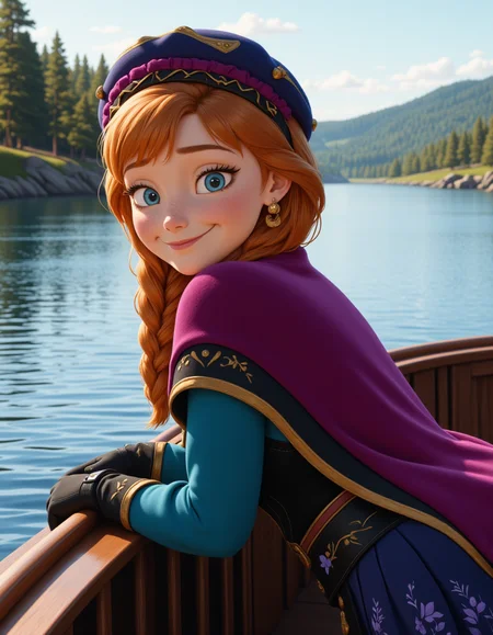 Semi-Realistic Style in a wide shot. Looking at viewer, outdoors in daylight, explicit
She is a 25 year old mature woman, and adult, Joyful with a bright smile, eyes crinkling at the corners, and cheeks lifted in delight. 
<lora:Frozen_-_Anna_v2_000030:1> f-anna she has blue eyes, orange hair and a freckled face. Wearing a
Cyan blue long-sleeved blouse under a black bodice with gold trim and rosemaling, dark blue skirt with lavender floral designs, magenta cape with purple lining and pompom trim, black boots with gold embroidery, magenta hat with purple lining, navy gloves.â
A woman leans over the railing of a boat as it drifts along a calm river, watching the ripples form behind her while the soft hum of the engine fills the air.