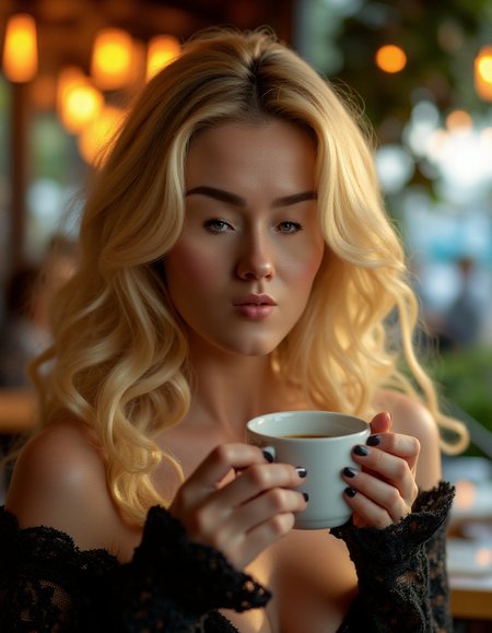 Sharp focus of a ral-smlfcs drinking coffee in a cafe, winking, Vivacious pose, her hair is Gold, shallow depth of field, Tranquil, F/1.8, natural skin texture, zen, <lora:ral-smlfcs-flux-000010:1>, highly intricate, luxurious, flowing, dynamic cinematic color, magic atmosphere, ambient light, perfect symmetry