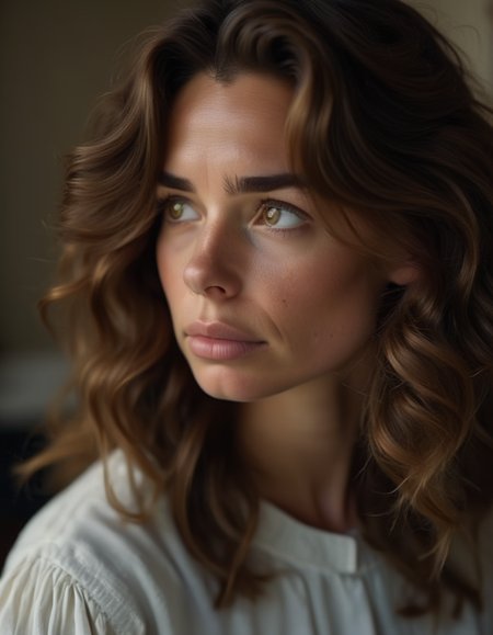 A wistful close-up of a woman with wavy brown hair, her heart-shaped face tinged with sadness, her hazel eyes distant and reflective, her lips slightly parted in a soft sigh, lost in thought. <lora:usual-portrait-v2:1>