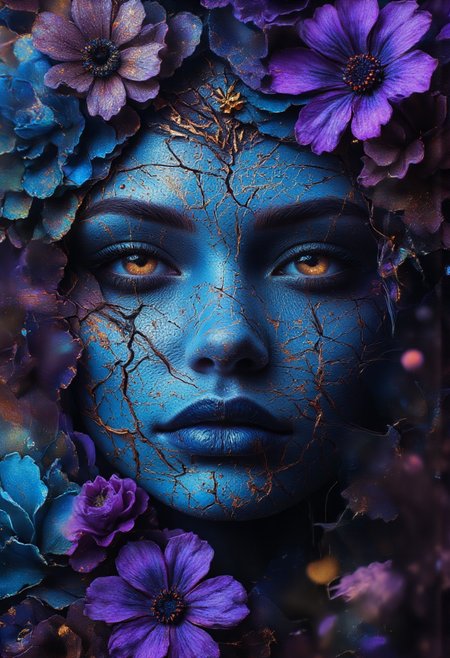 a dipiction of a hantu ulat bulu, blending form with reality. Glitching the surreal with blurred dreams in Sapphire Blue and Midnight Violet Purple muted colors. Woven light fuses delicatly with whispering shimmers creating a eyecatching and masterpiece artwork. drifting fog, cracked light and smokey haze in floating threads finishes the dreamlike reality.