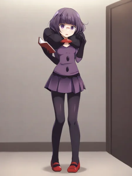 <lora:BWshauntaltsukishiro:0.7>
1girl, solo, shaunshikimital, purple hair, short hair, bob cut, blunt bangs, purple eyes, glasses, capelet, purple shirt, elbow gloves, purple skirt, pantyhose, red mary janes, indoors, room, standing, holding book, full body