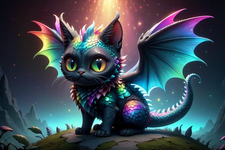 (obese:1.1) adorable cute cartoon dragon cat, iridescent scales, wings, rainbow with black, wings, dynamic pose, misty night, stunning full body anime art by (Mark Ryden:1.1)   <lora:Nicoletta_Ceccoli_2:0.4> Nicoletta Ceccoli  <lora:another-bored-monsters:0.45> fx-monsters <lora:AnotherBoredDetailXL:0.7>, subsurface scattering, ultra hd, 4k, high def, Photorealistic, Hyperrealistic, Hyper detailed, analog style, realistic, masterpiece, best quality, ultra realistic, 8k, Intricate, High Detail, film photography, soft lighting,  heavy shadow