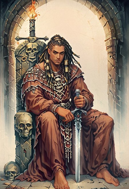 score_9, score_8_up, score_7_up, oblivionarts, solo, 1boy, warrior, ((african male)), brown eyes, muscular, long dread locks, loose dread locks, barbarian garb, sitting on throne of skulls, skull throne, piles of skulls, bored expression, holding sword point down, planted sword, large sword, plain broadsword, dark room, torch lit, abandoned temple, traditional art, medieval, <lora:Oblivion:.6>