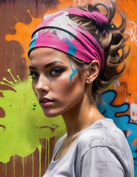 best quality, high quality, masterpiece, highres,
A color poster of a graffiti wall with spray tint on her head, portrait of a woman, upper body, minimalist, with dynamic movement and bold colors, 
 <lora:Nelli_Art_Style:0.6> <lora:WildcardX-XL-Detail-Enhancer:0.7>