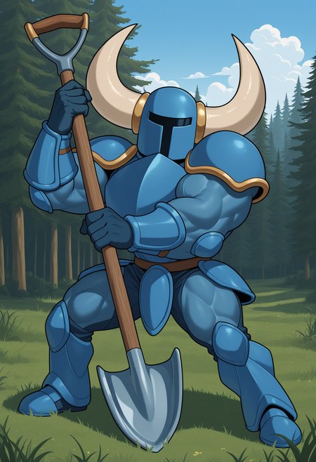 solo, 1 boy, male focus, full-length portrait, sh0v3lkn1ght, armor, horned helmet, fake horns, holding shovel, dynamic pose, muscular, outside, nature, forest, grass, sky, clouds, style parody,
perfect anatomy, masterpiece, perfect quality, best quality, detailed, newest, very aesthetic <lora:ShovelKnight_V1_ILXL:0.9>