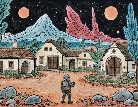 painting in style of Josef Lada. close view to old man wearing space armor standing in empy square in abandoned rural village,the village is perfectly normal, but there is a strange blue alien trees around it, a very high mountain of red crystal can be seen in the distance and two alien suns in the sky
 <lora:joseflada:0.86>