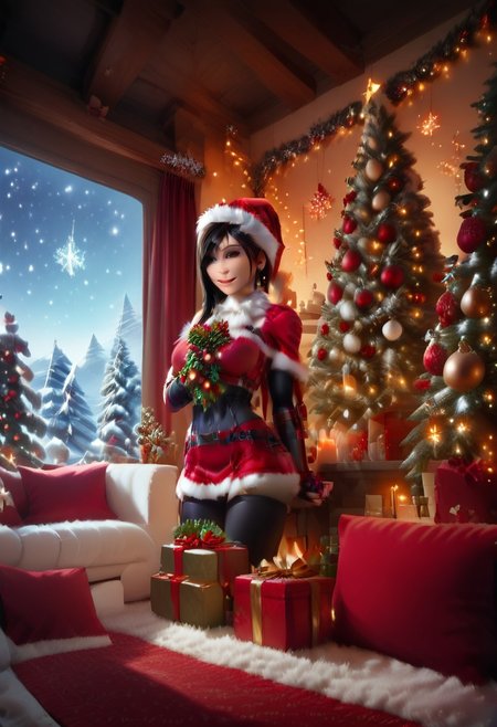zPDXL3, score_9, score_8_up, score_7_up,
beautiful aesthetic, very intricate, high quality details,
1girl, tifa lockhart,
christmas, santa costume, santa hat, 
cowboy shot, living room, 
christmas \(theme\), snow, christmas tree, christmas ornaments, 
happy, sexy pose,
<lora:princess_xl_v2:1> <lora:cutesexyronutts_style_xl:0.3> <lora:Expressive_H:1> <lora:incase-ilff-v3-4:0.5> <lora:PossumMachine_v2:0.5>  <lora:Magical_Christmas_Style - Pony:0.3>