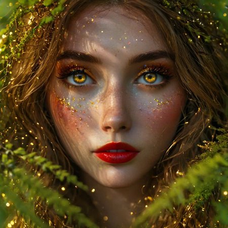 A hidden clearing, moss-draped forest, pulsed, otherworldly glow light. A bonfire, branches of rowan, (dancing shadows:1.2),  whirlwind of violet and gold, surprised look on her face, detailed green/blue eyes, (red lipstick with brown tones) (detailed face:1.2), (golden glitter:1.2), hair mixed with leaves