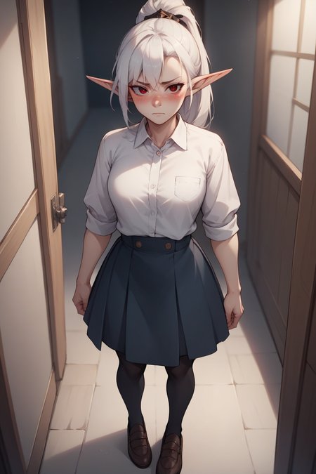 score_9, score_8_up, score_7_up, score_6_up, BREAK  pale skin, gogalking, <lora:gogalking 1024 6:0.7>, ponytail, ((white hair)), pointy ears, red eyes, long hair, elf, eyebrows visible through hair, blush, wide angle view, white shirt, collared shirt, skirt, full body shot,