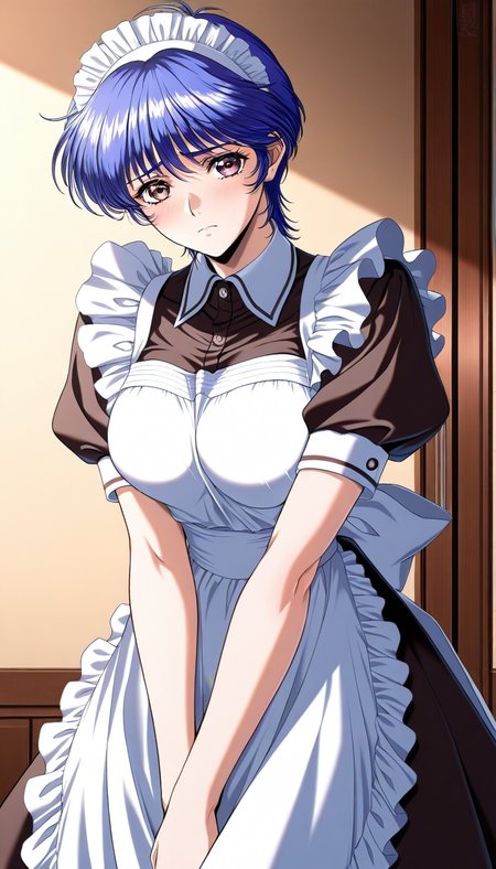 masterpiece, best quality, good quality, <lora:Kurata_arisu_IS:0.9> Kurata_arisu, blue hair,  blush, (no glasses:1.5)
short hair, large breasts,brown eyes, yokota mamoru style,
1girl, solo, maid, maid headdress, apron, short sleeves, looking at viewer, 
maid apron, v arms, frown, sad, puffy sleeves, dress,
Western-style building in the room.