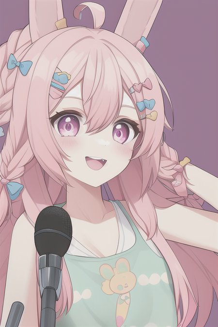 the photo of a 1girl, ahoge, animal_ears, bare_shoulders, blue_bow, bow, braid, collarbone, hair_bow, hair_ornament, hairclip, long_hair, open_mouth, pink_eyes, pink_hair, rabbit_ears, smile, solo, twin_braids, upper_body, virtual_youtuber, stage, stage lights, microphone, holding microphone, backwards hat, parappa the rapper, pipkin pippa
